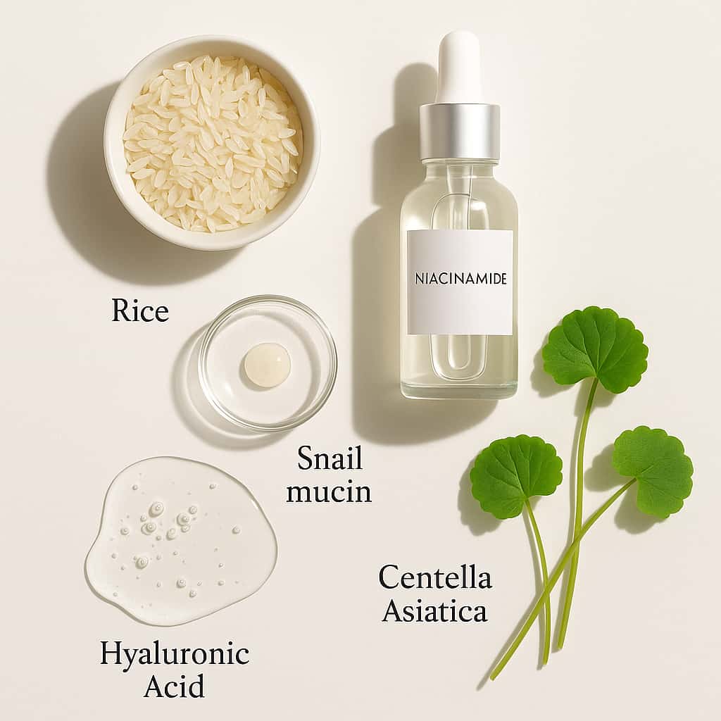 Five essential Korean skincare ingredients including centella asiatica, snail mucin, and hyaluronic acid for glowing healthy skin
